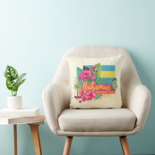 Bahamas retro caribbean island flamingo vintage cushion