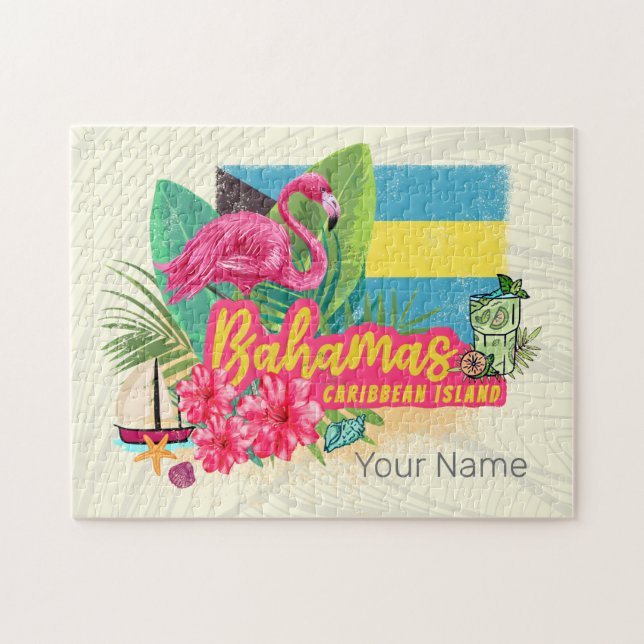 Bahamas retro caribbean island flamingo vintage jigsaw puzzle (Horizontal)