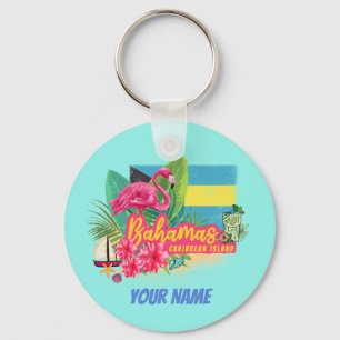 Bahamas retro caribbean island flamingo vintage key ring