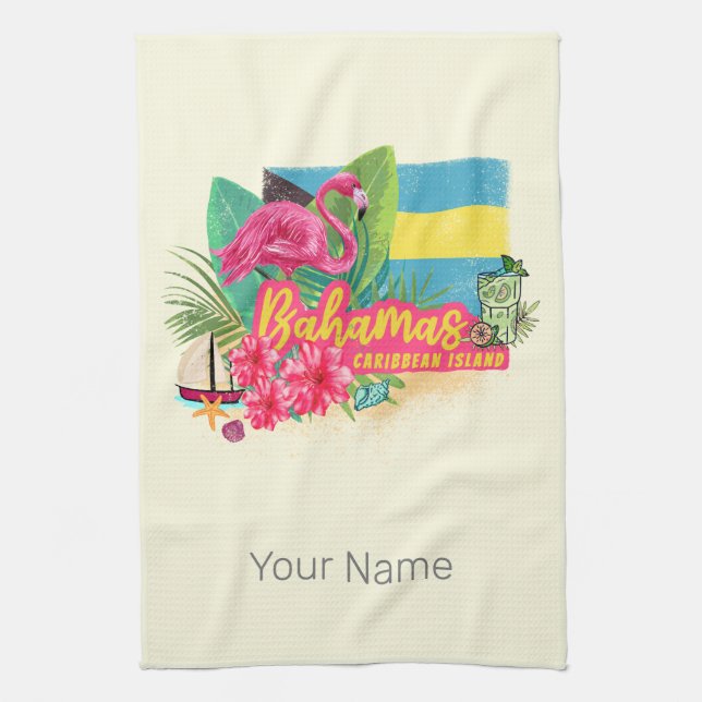 Bahamas retro caribbean island flamingo vintage tea towel (Vertical)