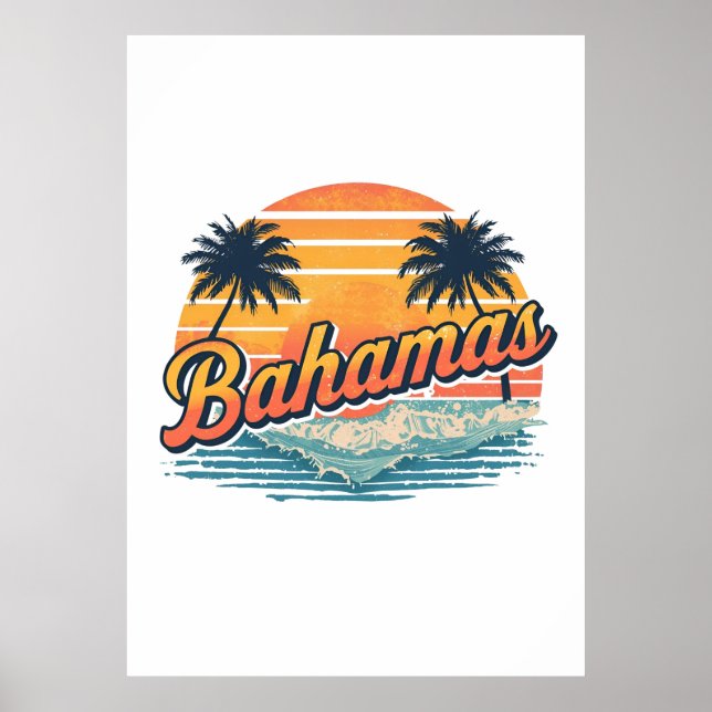 Bahamas Retro Sunset Palm Trees Design Poster (Front)