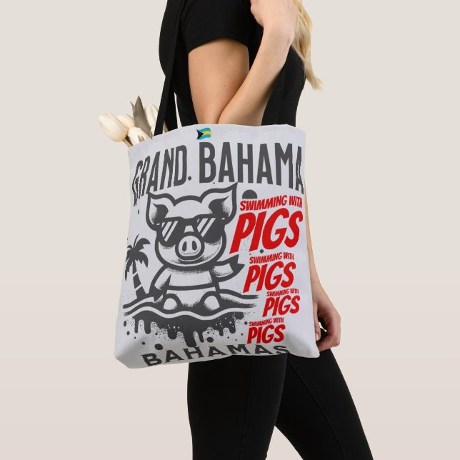 Bahamas Souvenir Gift : Grand Bahama Swimming Pigs Tote Bag (Close Up)