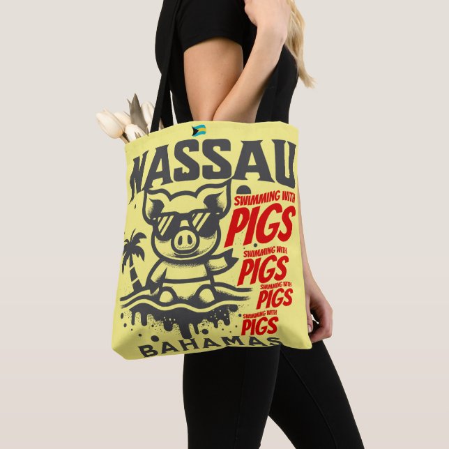 Bahamas Souvenir Gift: Nassau Bahamas Swimming Pig Tote Bag (Close Up)