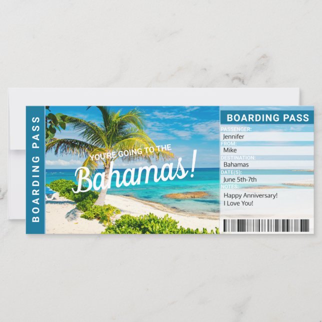 Bahamas Surprise Trip Boarding Pass Gift Ticket (Front)