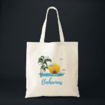 Bahamas Vacation Sailing Tote Bag<br><div class="desc">It's always better in the Bahamas! This island design makes for the perfect Bahamas Souvenir gift for your next tropical vacation to the Bahama Islands. This island design features a sailboat on the water,  palm trees on a beach,  and a sunset.</div>