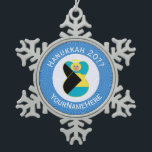 Bahamian Flag Blonde Angel Hanukkah Personalised  Snowflake Pewter Christmas Ornament<br><div class="desc">Blonde haired angel dressed in the flag of the Bahamas flies Inside of a white circle of squiggly squares on this pewter snowflake ornament. The background is blue squiggly squares. The white and blue colours were chosen to represent Hanukkah. Design created for families of multiple religions. Add a name to...</div>