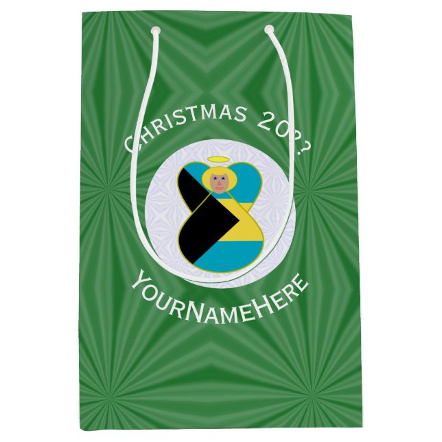 Bahamian Flag Christmas Blonde Angel Personalised Medium Gift Bag (Front)