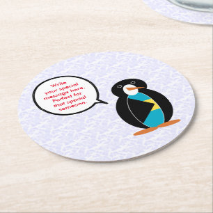 Bahamian Flag Holiday Ms. Penguin Talking Round Paper Coaster