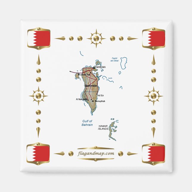 Bahrain Map + Flags Magnet (Front)