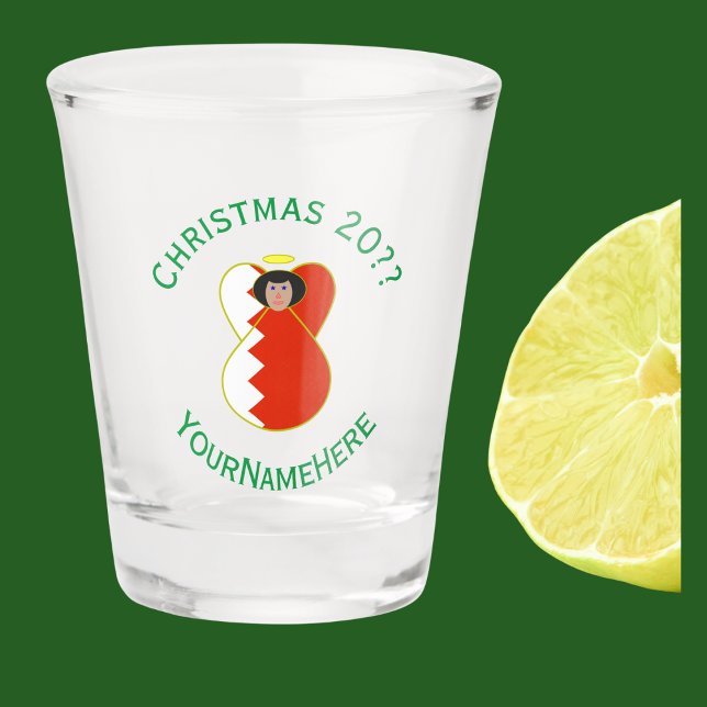 Bahraini Angel Christmas Flag Personalised  Shot Glass (Shot glass has angel dressed in Bahraini flag for Christmas. Green text for year, holiday, and name.)
