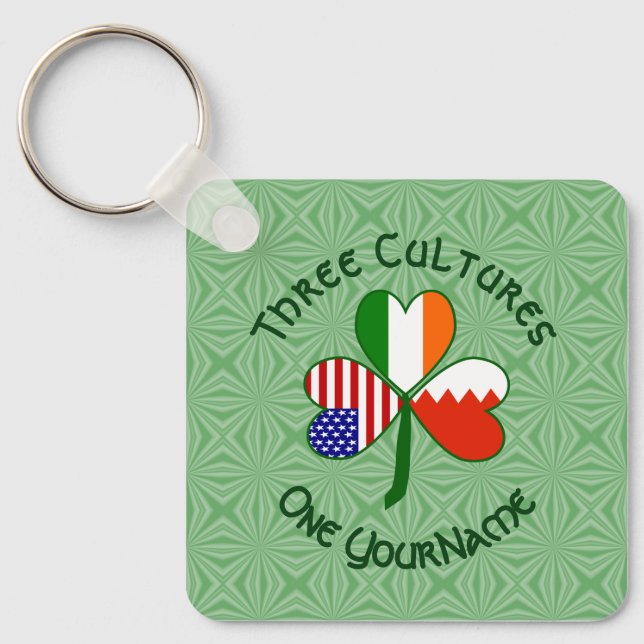 Bahraini Irish American Flags Shamrock Personalize Key Ring (Front)