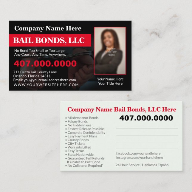Bail Bonds Photo Customise Business Card Template (Front/Back)
