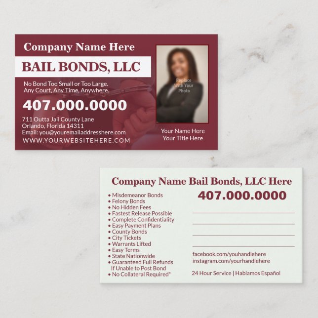 Bail Bonds Photo Customise Business Card Template (Front/Back)