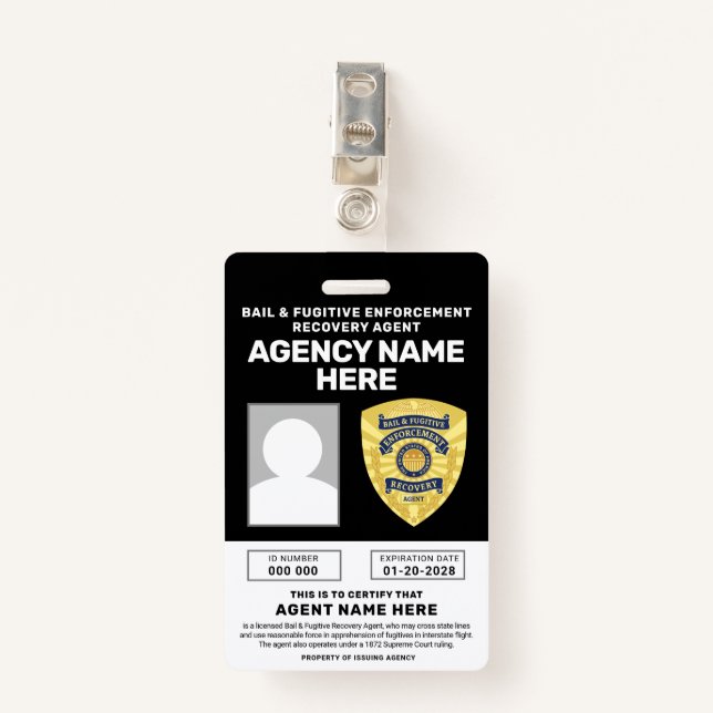 BAIL & FUGITIVE RECOVERY AGENT BADGE  ID BADGE (Front with Clip)