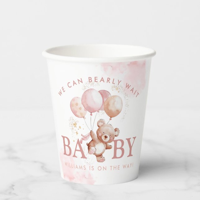 BAILEY Pink Bearly Wait Teddy Bear Baby Shower Paper Cups (Front)