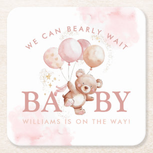 BAILEY Pink Bearly Wait Teddy Bear Baby Shower Square Paper Coaster
