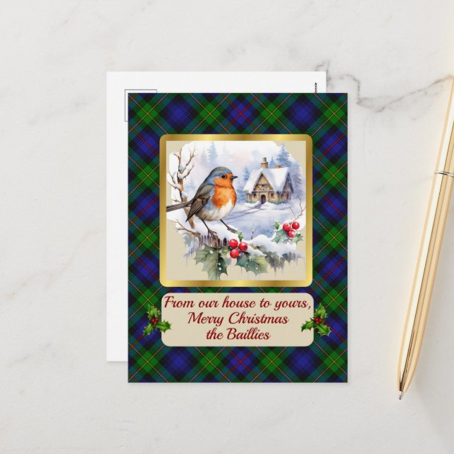 Baillie Crest & Tartan w/Robin Personalised  Holiday Postcard (Front/Back In Situ)