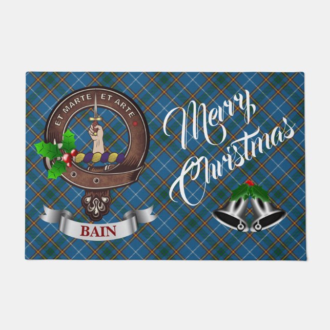 Bain Badge & Tartan Personalised Silver Bells Xmas Doormat (Front)