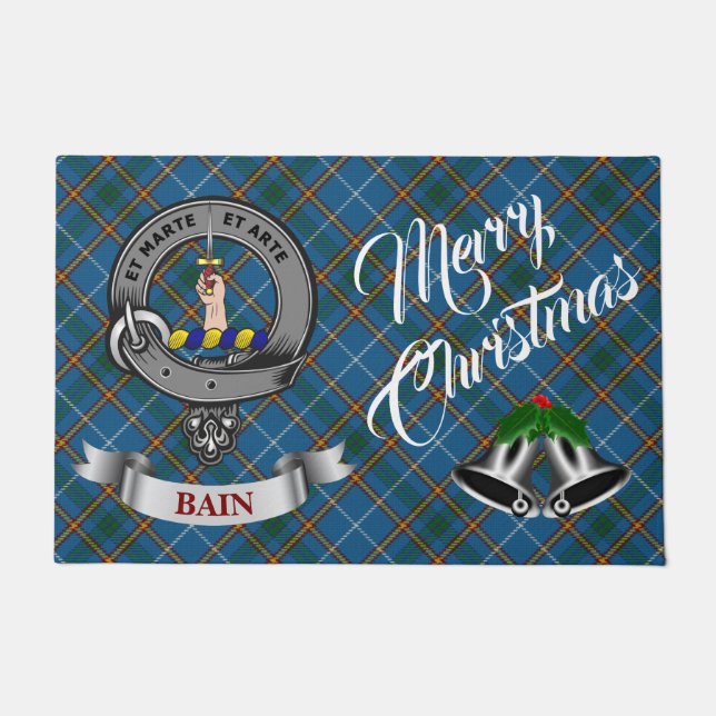 Bain Badge & Tartan Personalised Silver Bells Xmas Doormat (Front)