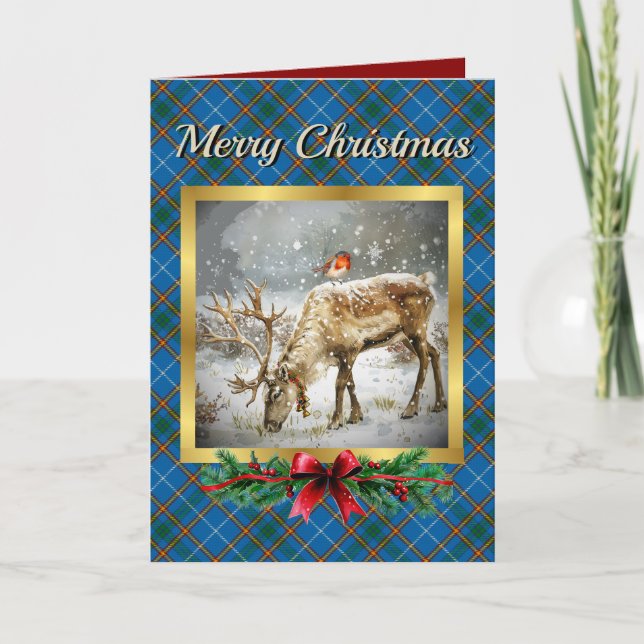 Bain Stag & Robin Tartan Personalised  Holiday Card (Front)