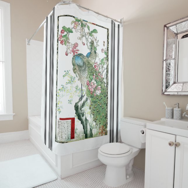 Bairei Peacock Birds Flowers Shower Curtain (In Situ)