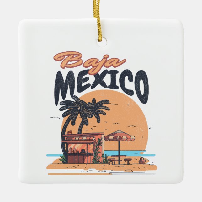 Baja Mexico Seaside Bar Distressed Ceramic Ornament (Front)