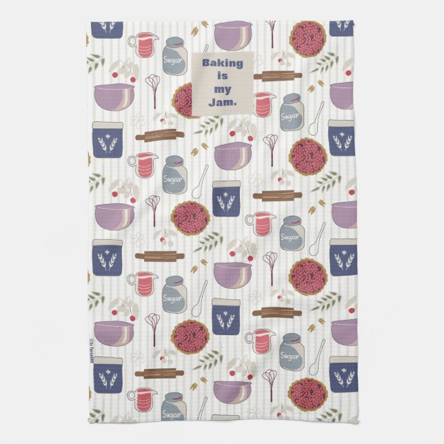 Bake a pie fabric pattern with customisable patch  tea towel (Vertical)