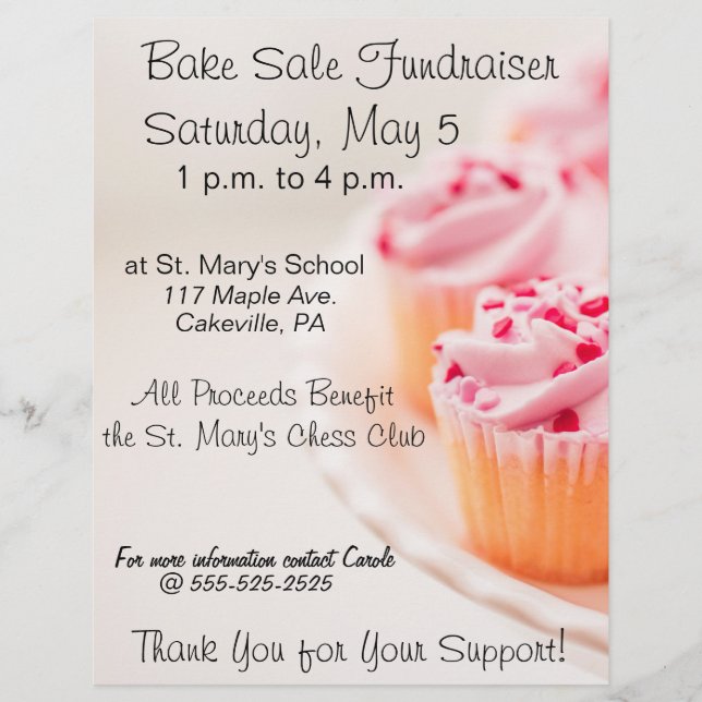 Bake Sale Fundraiser Flyer Pink Cupcakes Design (Front)