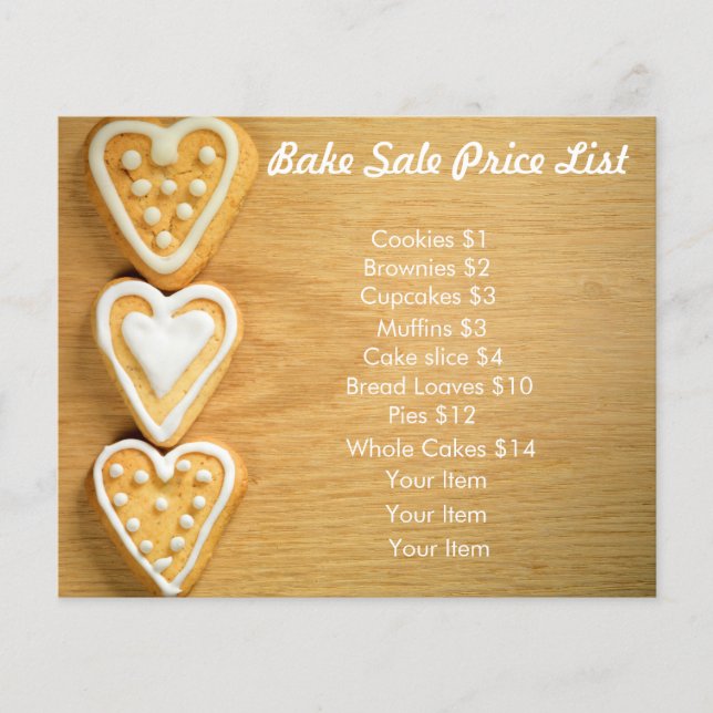 Bake Sale Price List Wood Background Heart Cookies Flyer (Front)