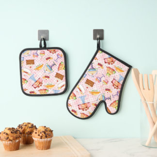 Bake Sale Sweets Pink Polka Dot Background Oven Mitt & Pot Holder Set