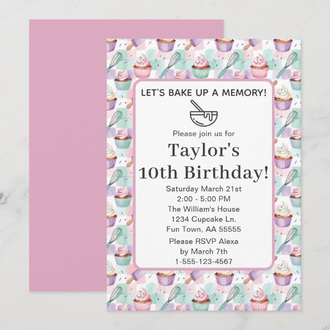 Bake Up Memory Fun Watercolor Cupcake Birthday  Invitation (Front/Back)