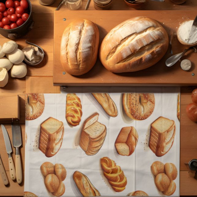 Baked Bread  Tea Towel (A tea towel with bread theme lies on top of a kitchen counter.)