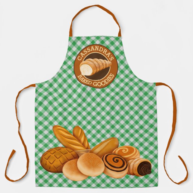 Baked Goodies Bread Baker’s Logo Green Gingham Apron (Front)