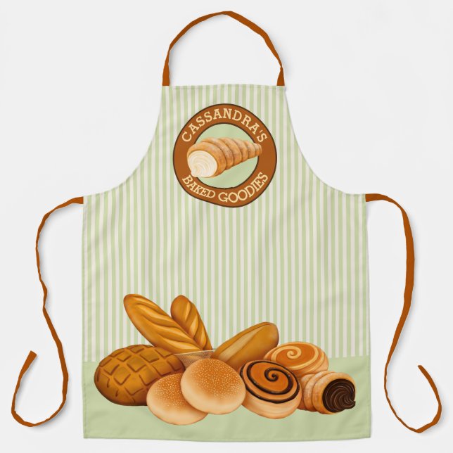 Baked Goodies Pastry Bread Baker Logo Green Stripe Apron (Front)