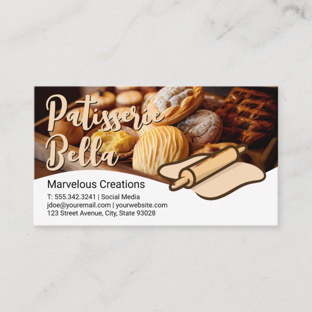Baked Pastries | Rolling Pin and Dough Business Ca Business Card (Front)