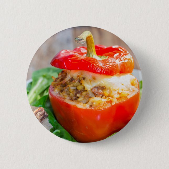 Baked stuffed peppers with meat sauce and cheese 6 cm round badge (Front)