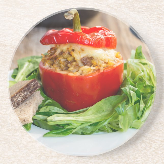 Baked stuffed peppers with meat sauce and cheese coaster (Front)