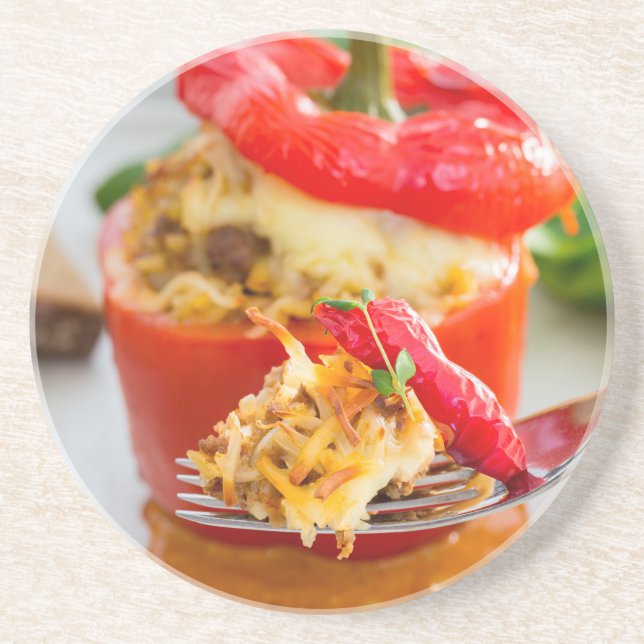 Baked stuffed peppers with meat sauce and cheese coaster (Front)