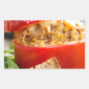 Baked stuffed peppers with meat sauce and cheese rectangular sticker