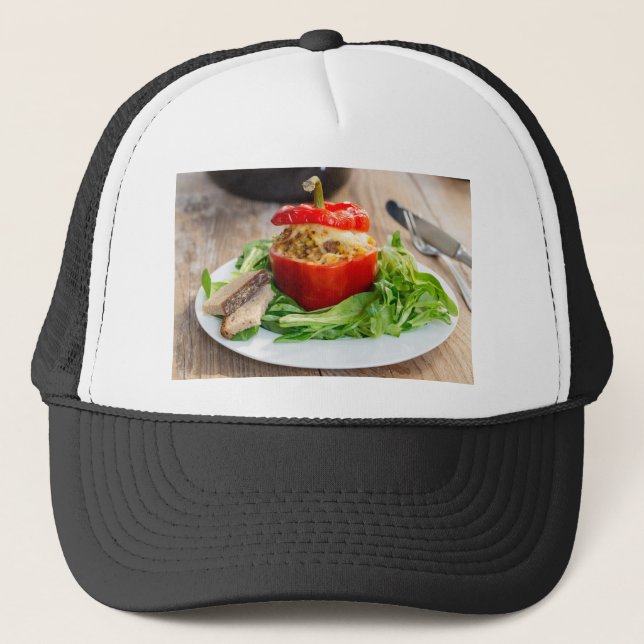 Baked stuffed peppers with meat sauce and cheese trucker hat (Front)