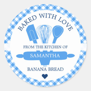 Baked With love Banana Bread Blue Gingham Kitchen Classic Round Sticker