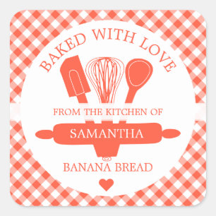Baked With love Banana Bread Orange Gingham Square Sticker