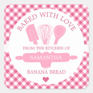 Baked With love Banana Bread Pink Gingham Kitchen  Square Sticker