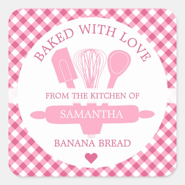 Baked With love Banana Bread Pink Gingham Kitchen  Square Sticker (Front)