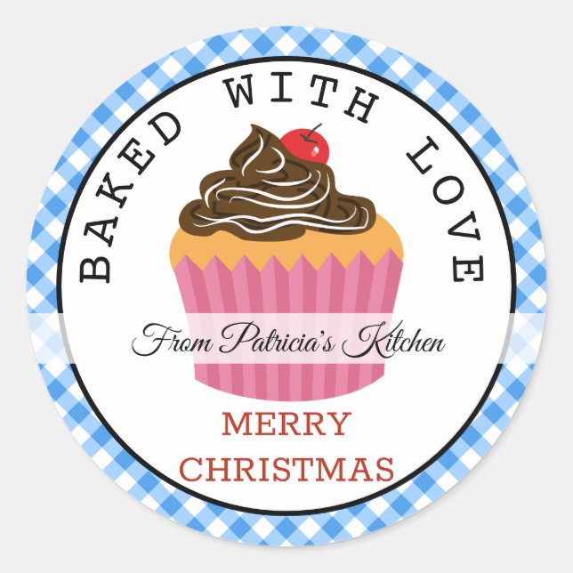 Baked With love Christmas Cupcakes Blue Gingham Classic Round Sticker (Front)