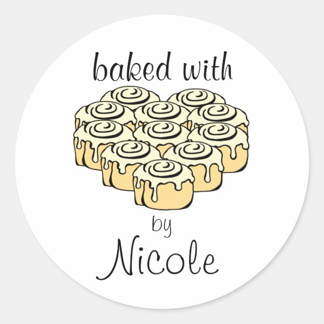 Baked With Love Cinnamon Roll Heart Personalised Classic Round Sticker (Front)