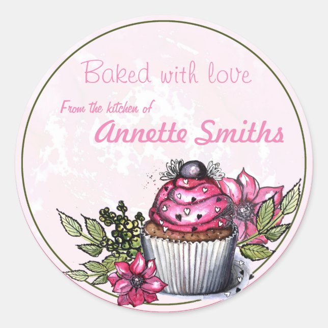 Baked With Love / Cupcake/ Personalised Classic Round Sticker (Front)