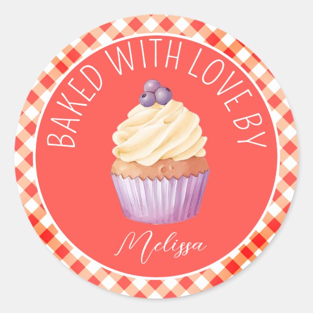 Baked With Love Cupcakes Red Plaid Personalised Classic Round Sticker (Front)