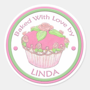 Baked with love Custom Sticker~ROSE CUPCAKE Classic Round Sticker