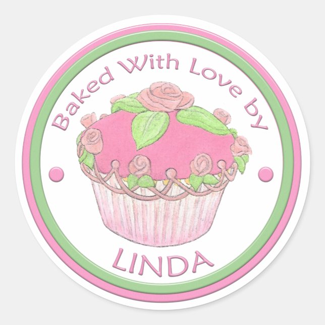 Baked with love Custom Sticker~ROSE CUPCAKE Classic Round Sticker (Front)